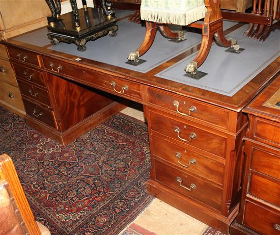 Georgian style mahogany partners pedestal desk, fitted blue skiver